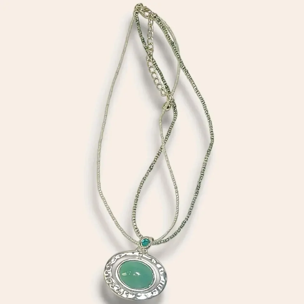 Vintage Orbit Changeable Spinner‎ Pendant Hammered Silver Tone Beaded Necklace